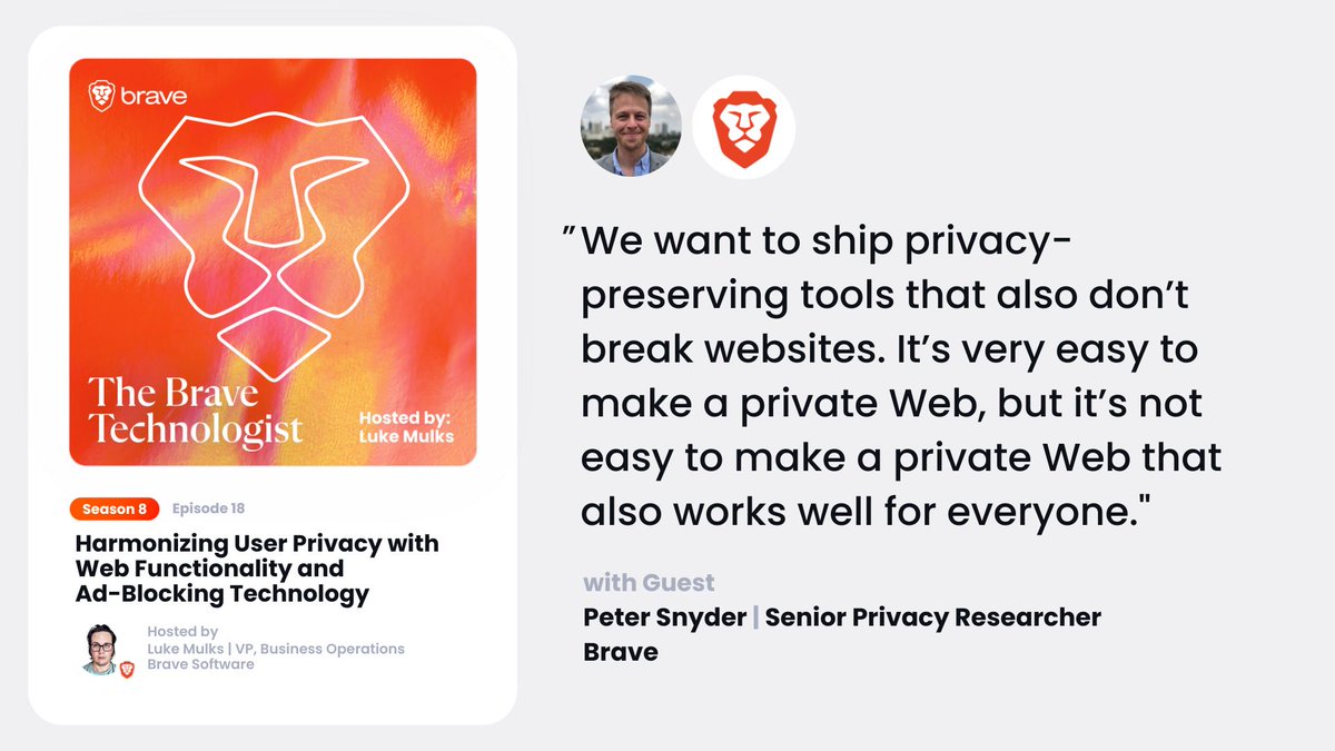 How does Brave offer a private yet fully operational Web experience? 

Pete Snyder (Senior Privacy Researcher at Brave) and Ryan Brown (Filterset Engineer at Brave) explain in the latest #TheBraveTechnologist podcast.

Listen to the full episode, hosted by <a href="/LukeMulks/">LukΞ Mulks 🦁⟁◎⟁</a>, here:
