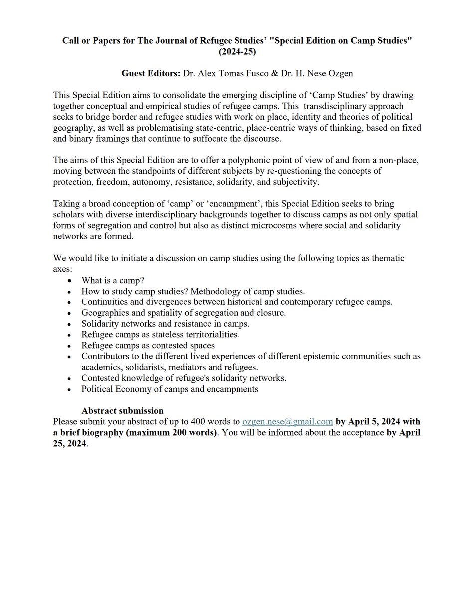 As part of the 'Special Edition on Camp Studies' in @JRefugeeStudies, @HNOzgen & #FFVTFellow Alex Fusco would like to initiate a discussion on the topic. Abstracts can be submitted until 5 April 2024. All info in the Call for Papers⬇️