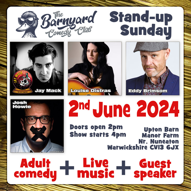 📢ANNOUNCEMENT - New Event  - 2nd June Stand-up Sunday at the Barnyard Comedy Club. Featuring hilarious stand-up comedians Eddy Brimson, Jay Mack and Josh Howie, supported by musician Louise Distras. @EddyBrimson @JayMackComedian @joshxhowie @LouiseDistras 

The Barnyard Comedy…