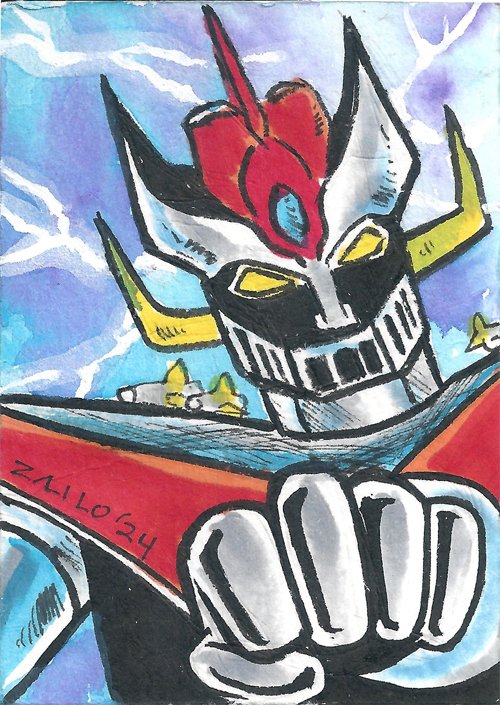 Today's sketchcard,  another Great Mazinga.  Available.  #zailoart #sketch #sketchcard #atc #watercolor #mixedmedia #cartoon #manga #comicbookart #gonagai #giantrobot #greatmazinger #mazinga