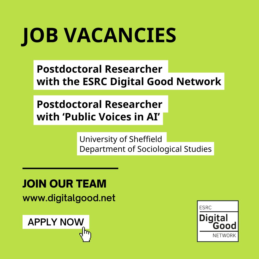 Two exciting opportunities for #postdoctoral #researchers in either the #digitalgood or #publicvoiceswithAI Deadline: 8 April 2024 digitalgood.net/job-vacancies-… #AI #vacancies #researchjobs @ESRC @UKRI_News @hmtk @ginasue @MCTDCambridge @sheffielduni @SheffSocScience @UniOfSheffJobs