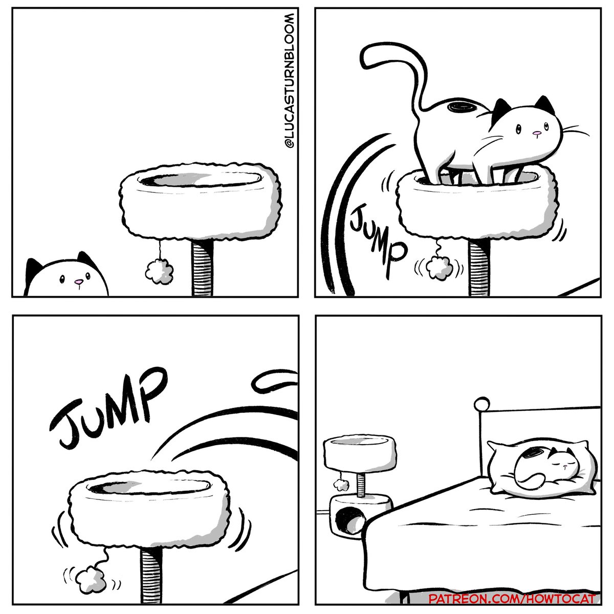 NEW COMIC: “Getting Comfy” . Seriously, what’s even the point of a cat tree? Other than being a ladder? .. Subscribe on Patreon! patreon.com/HowToCat