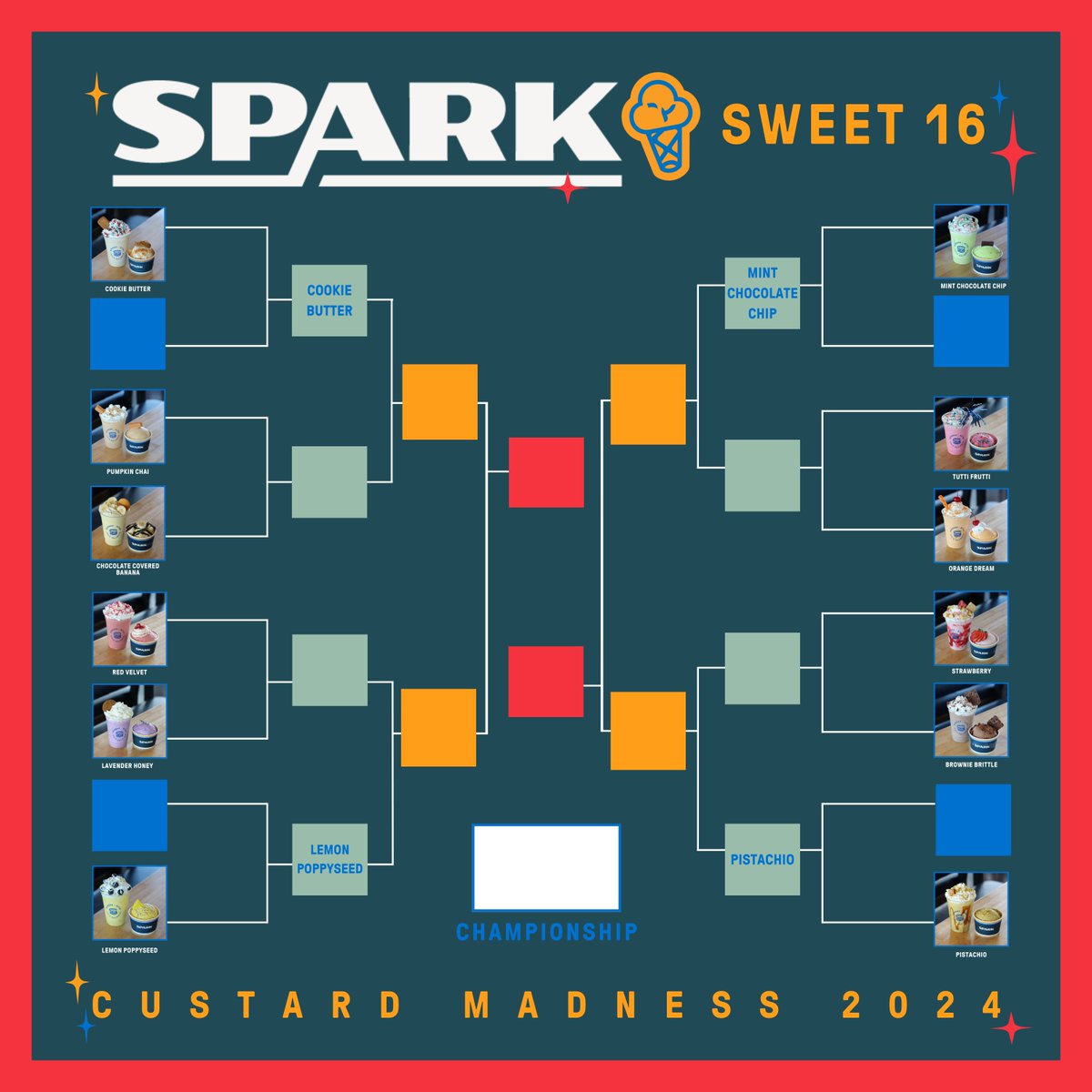 Introducing our Spark Sweet 16!🍦⛹🏻‍♂️ Every day you can vote for your favorite flavor on our Instagram stories or by purchasing it in-store! Who will rise to sweet victory?! (P.S. this is the only time of the year where you can try all of our flavors within a couple of weeks! 🤯)