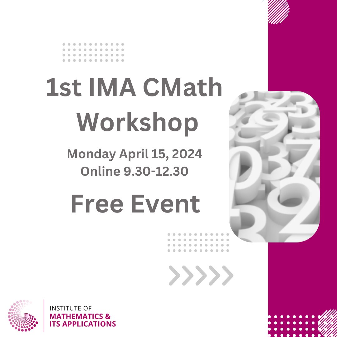 Use the link below to register your place for the 1st IMA Cmath Workshop. This is a free event taking place online on the 15th April. ima.org.uk/23761/1st-c-ma… #IMAEVENTS #IMAILOVEMATHS #Mathematicians #Mathsnetwork #Cmathworkshop