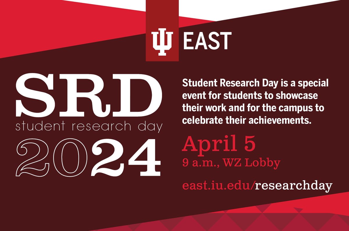 Come support @iueast's students' hard work during Student Research Day NEXT WEEK Friday, April 5th!! Starting at 9 a.m. in Whitewater Hall, celebrate our students as they showcase their work, research, and achievements! #iu #iue #iueast #StudentResearchDay #SRD2024