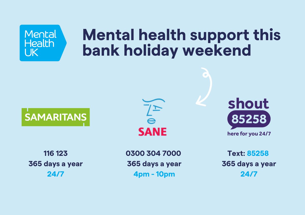 💙 Happy Easter weekend, to all those celebrating. We know that bank holidays aren't always easy. If you're struggling with your mental health and need support, here's where you can find it. #BankHoliday #Easter