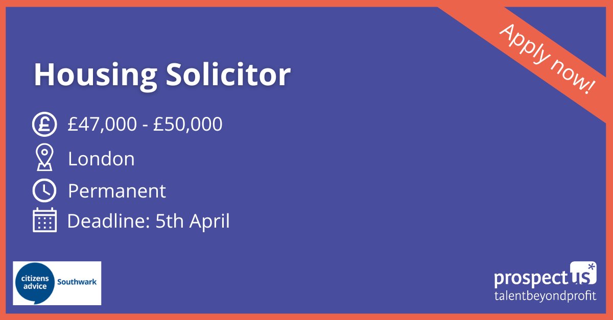 Are you looking to use your legal expertise to empower the local community in Southwark? @SouthwarkCAB are seeking a Housing Solicitor to supervise a Legal Aid Agency contract and assist clients with eligible housing cases. Find out more here: prospect-us.co.uk/jobs/187752-ho…