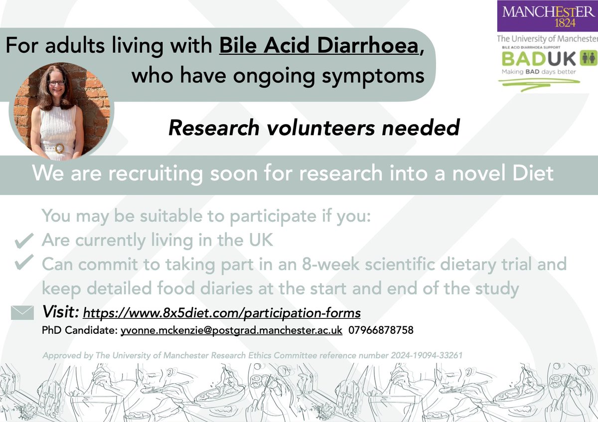 Yvonne McKenzie (@digestnutrition) on Twitter photo 🆕 Research Study: Bile Acid Diarrhoea
Recruiting SOON!
🥕UK adults
🍅Food
🍋Nutrition
#WhatWeEatMatters
See⬇️Please share
<a href="/baduksupport/">BAD UK</a>
<a href="/sorrelburden/">Dr Sorrel Burden</a>
@Prof_Chris_Todd
<a href="/jrfw51/">Julian Walters</a>
#usedforresearchpurposes_UniversityofManchester 🆕 Research Study: Bile Acid Diarrhoea
Recruiting SOON!
🥕UK adults
🍅Food
🍋Nutrition
#WhatWeEatMatters
See⬇️Please share
<a href="/baduksupport/">BAD UK</a>
<a href="/sorrelburden/">Dr Sorrel Burden</a>
@Prof_Chris_Todd
<a href="/jrfw51/">Julian Walters</a>
#usedforresearchpurposes_UniversityofManchester