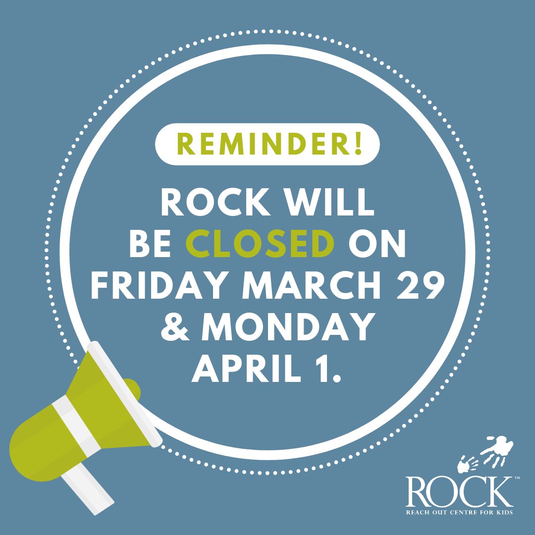 A reminder that ROCK will be closed March 29-April 1 in observance of Good Friday & Easter Monday. Our 24/7 Crisis Line is always available at 905-878-9785. @onestoptalkont is available Sat Mar 30, 12pm-4pm by calling 1 855 416 8255, or by visiting onestoptalk.ca
