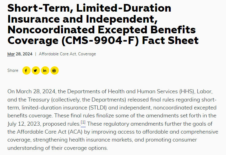 Short-Term, Limited-Duration Insurance DOES NOT provide meaningful benefits for those who actually need coverage. ❌In short, it's a scam. CMS final ruling limits these plans to 3 months only. Proud of Dr @Barnes_J_M who is cited 4⃣ times in the ruling. public-inspection.federalregister.gov/2024-06551.pdf