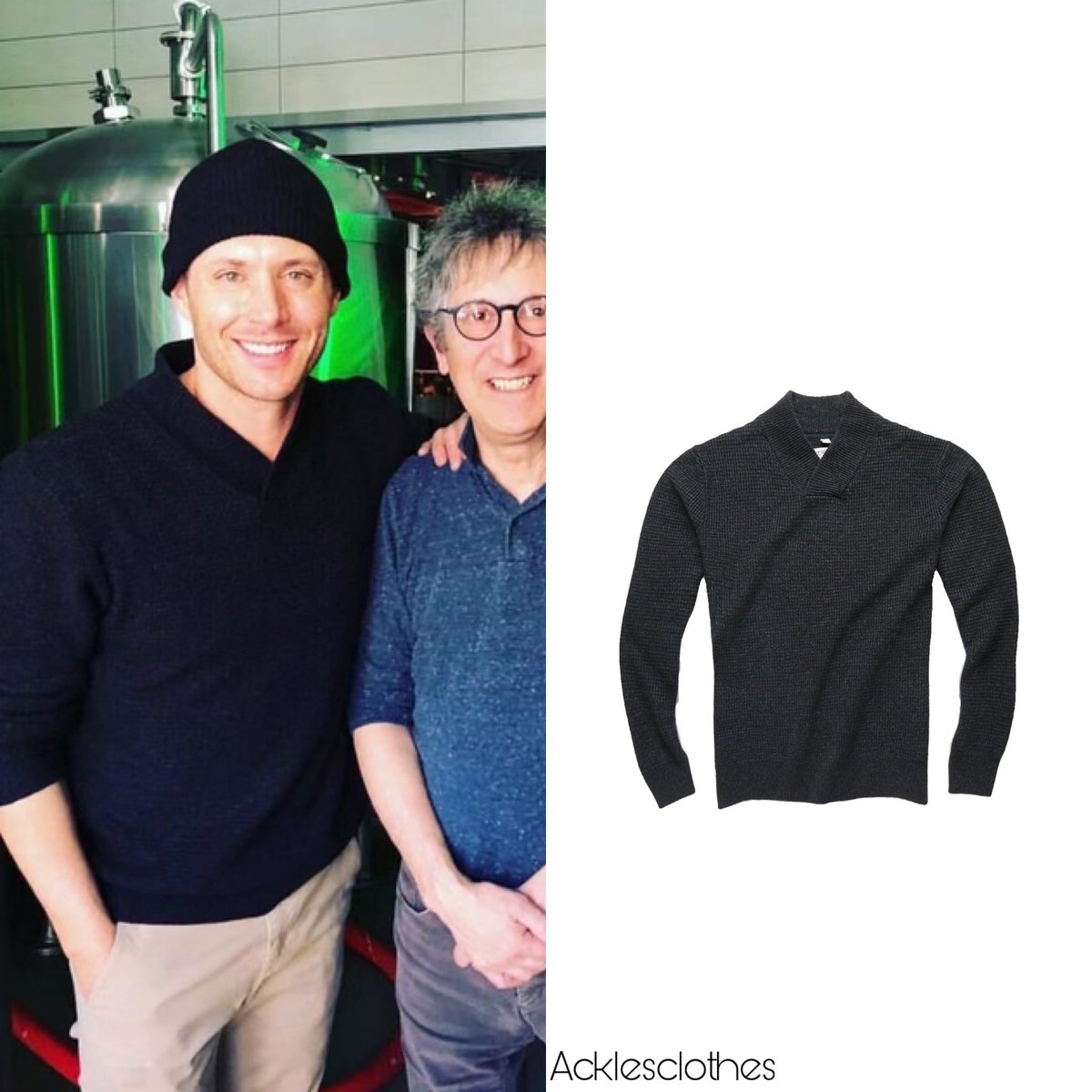 Throwback Thursday! At a brewery in Montreal, Canada in 2018, @jensenackles wore a @schottnyc V-neck Waffle Sweater that sells for $90.