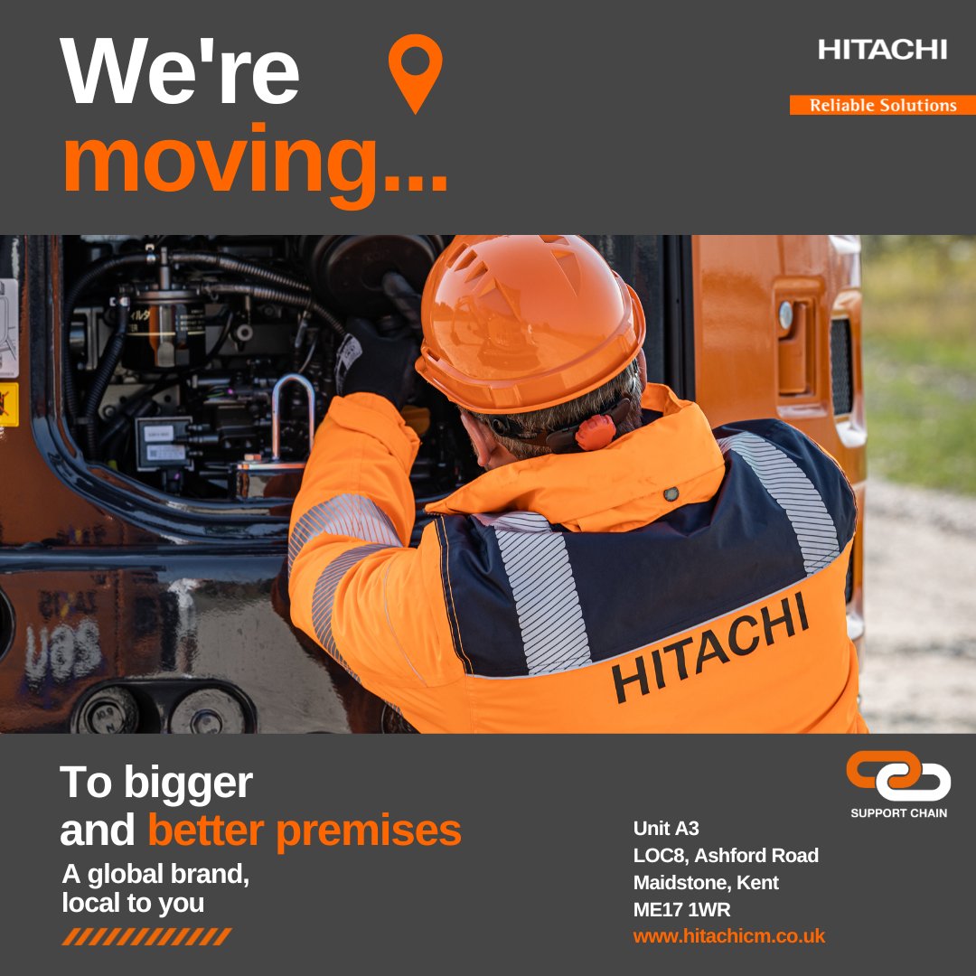 Coming soon...We are delighted to announce that we are moving our Wrotham depot to bigger and better premises located in Maidstone🙌🔥 The new bigger space will allow us to better support our customers with their needs. #HCMUK #ProductSupport #Depot #SupportChain #Hitachi