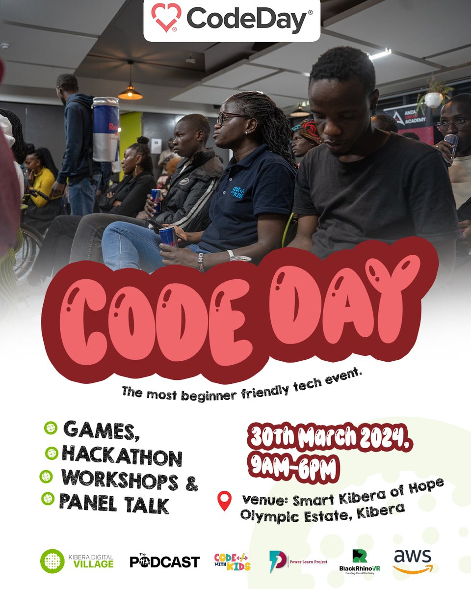 kiberadv's tweet photo. Join us at CodeDay Nairobi! 
Calling all aspiring game developers, Hackathon, Workshops, Panel Talk, and app enthusiasts! Get ready for an exhilarating coding experience at CodeDay Nairobi.

Date: March 30th, 2024
Time: 8:00 am to 6:30 pm
Smart Kibera of Hope - Kibera https://t.co/BiLMa89Llq