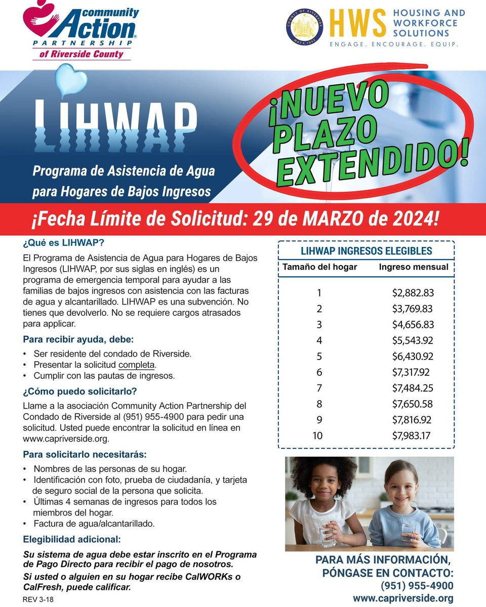 RivCoDPSS's tweet image. ¡Última oportunidad! ⏰¡MAÑANA (29 de marzo) es el último día para pedir ayuda con las facturas del agua y alcantarillado a través del #LIHWAP del #CAPRiverside! 💧 Solicite ahora en tinyurl.com/2tc7v5s4 o llame al (951) 955-4900 para pedir una cita.💙@caprivco
