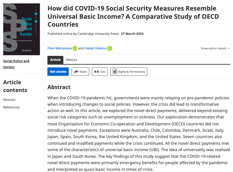 New on #FirstView by Päivi Mäntyneva and Heikki Hiilamo: How did COVID-19 Social Security Measures Resemble Universal Basic Income? A Comparative Study of OECD Countries cambridge.org/core/journals/…