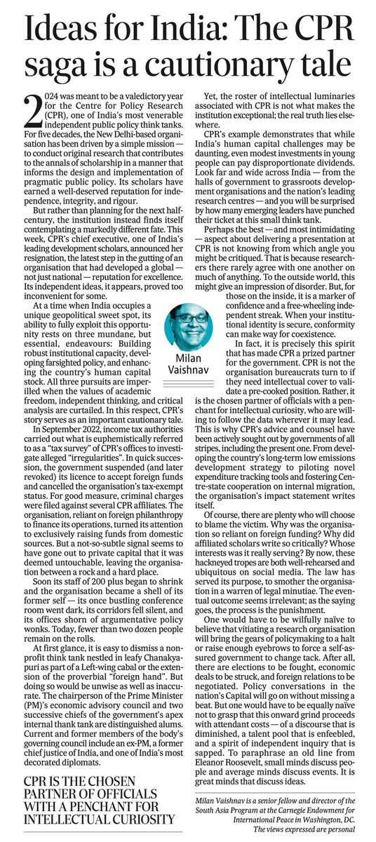 Idea of India is essentially Ideas of India @MilanV's piece captures the essence of @CPR_India - researchers there rarely agree with one another. To the outside world, this might give an impression of disorder.