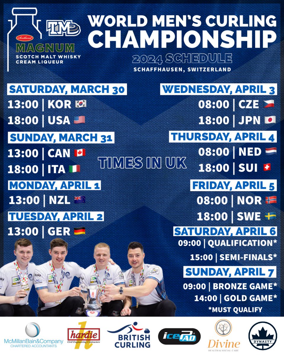 🗓️ 2024 World Championship Schedule Drop 📌 The action starts this Saturday, March 30, in Schaffhausen🇨🇭 Games will be streamed on curlingchannel.tv. If you’re in 🇨🇦, our game vs. 🇨🇦 and the playoffs will be on TSN 📺 Stay tuned across our social channels for updates 📲