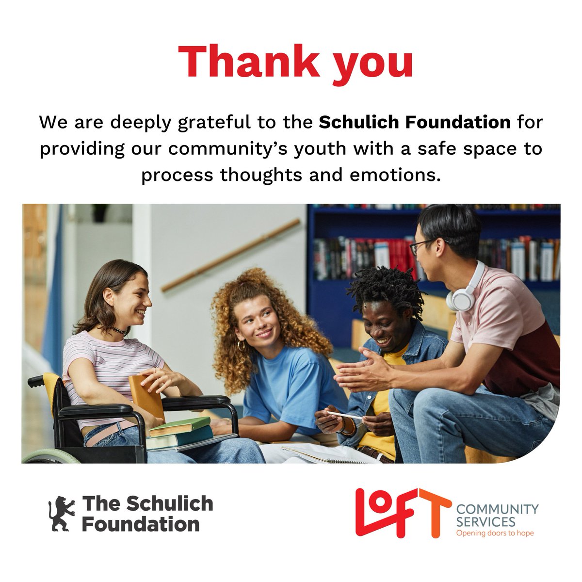 A big thank you to the Schulich Foundation for investing in our Dialectical Behavioural Therapy (DBT) Youth Programs. Together, we can connect more youth with a safe space to process thoughts and emotions and empower them on the path to independence. #ThankfulThursday