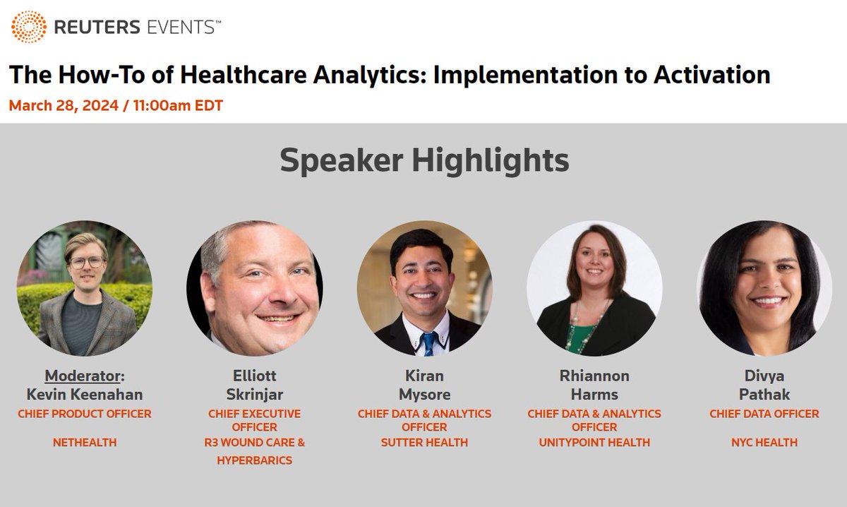 Register for the March 28, (THAT's THIS COMING FRIDAY!) 11am ET webinar: ‘The How-To of Healthcare Analytics: Implementation to Activation’ from @Reuters_Health events.reutersevents.com/healthcare/hea…