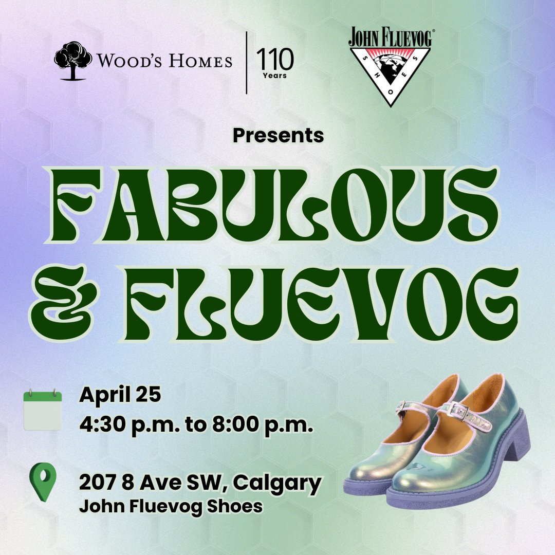 Ready to shop 'til you drop? We're excited to be partnering with @Fluevog once again to raise money for Wood's Homes mental health hubs! Join us for an evening of shoe shopping, networking, inspiration and hope at this year's 'Flutopian' themed fundraiser. 👡 For every pair of
