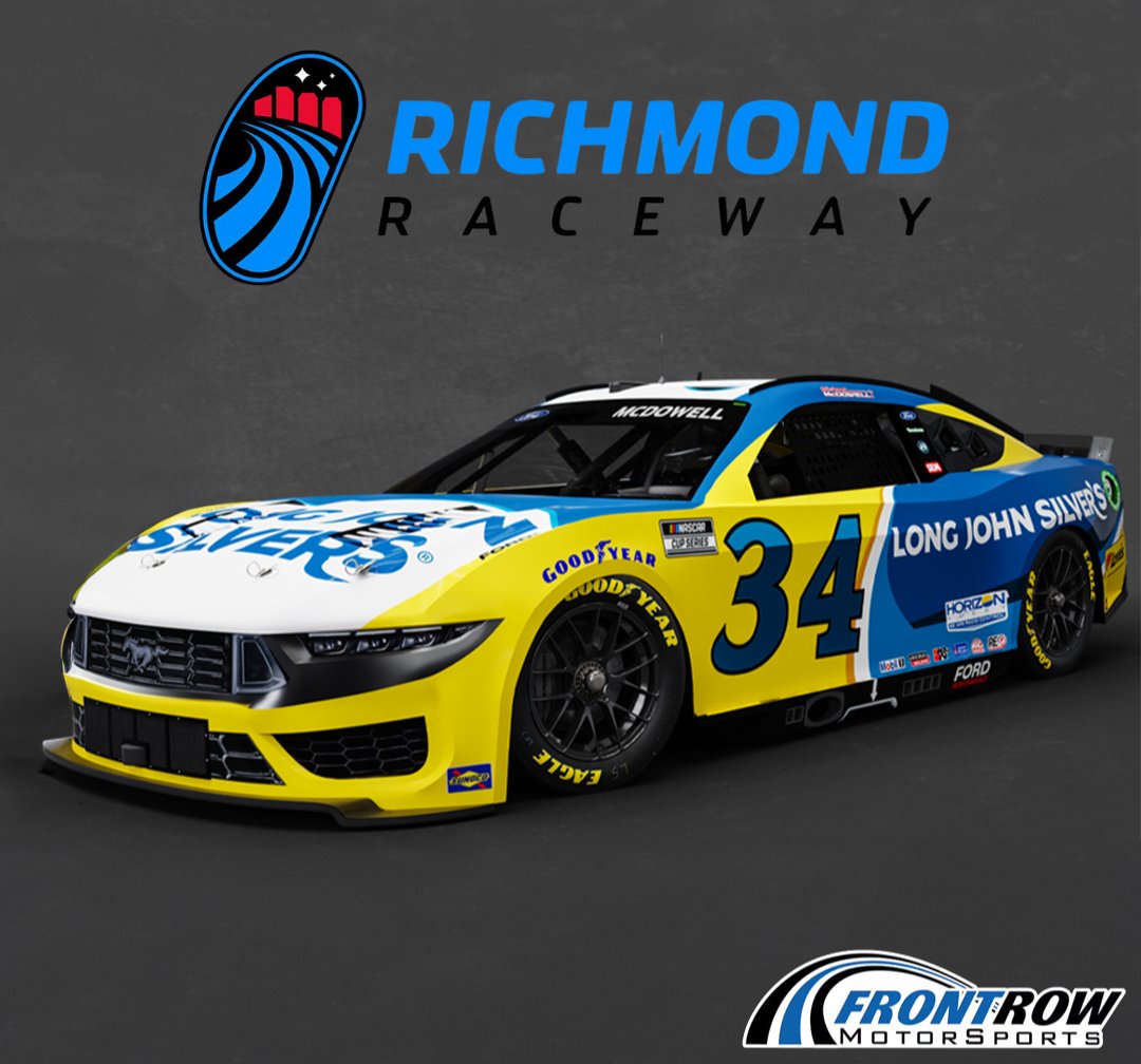 Get ready to make some waves in Richmond, VA this weekend @richmondraceway! 🌊 Michael McDowell with @team_frm is bringing the flavor with the No. 34 Long John Silver's Ford Mustang Dark Horse 🏁 #FrontRowMotorsports #RichmondRaceway #LongJohnSilvers #NASCAR