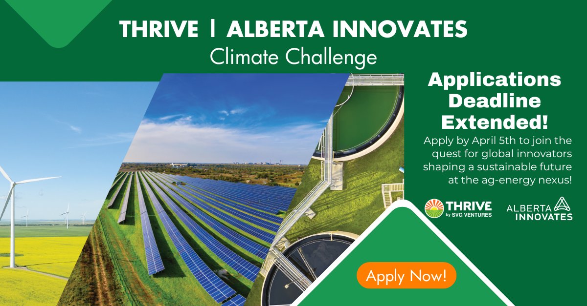 🚨 Deadline extended! You now have until April 5th to submit your applications for the THRIVE & @ABInnovates Climate Challenge! Don't miss this chance to make a difference. Apply now and be part of the solution! thriveagrifood.com/climate-challe… #ClimateChallenge #DeadlineExtension 🌱🌍