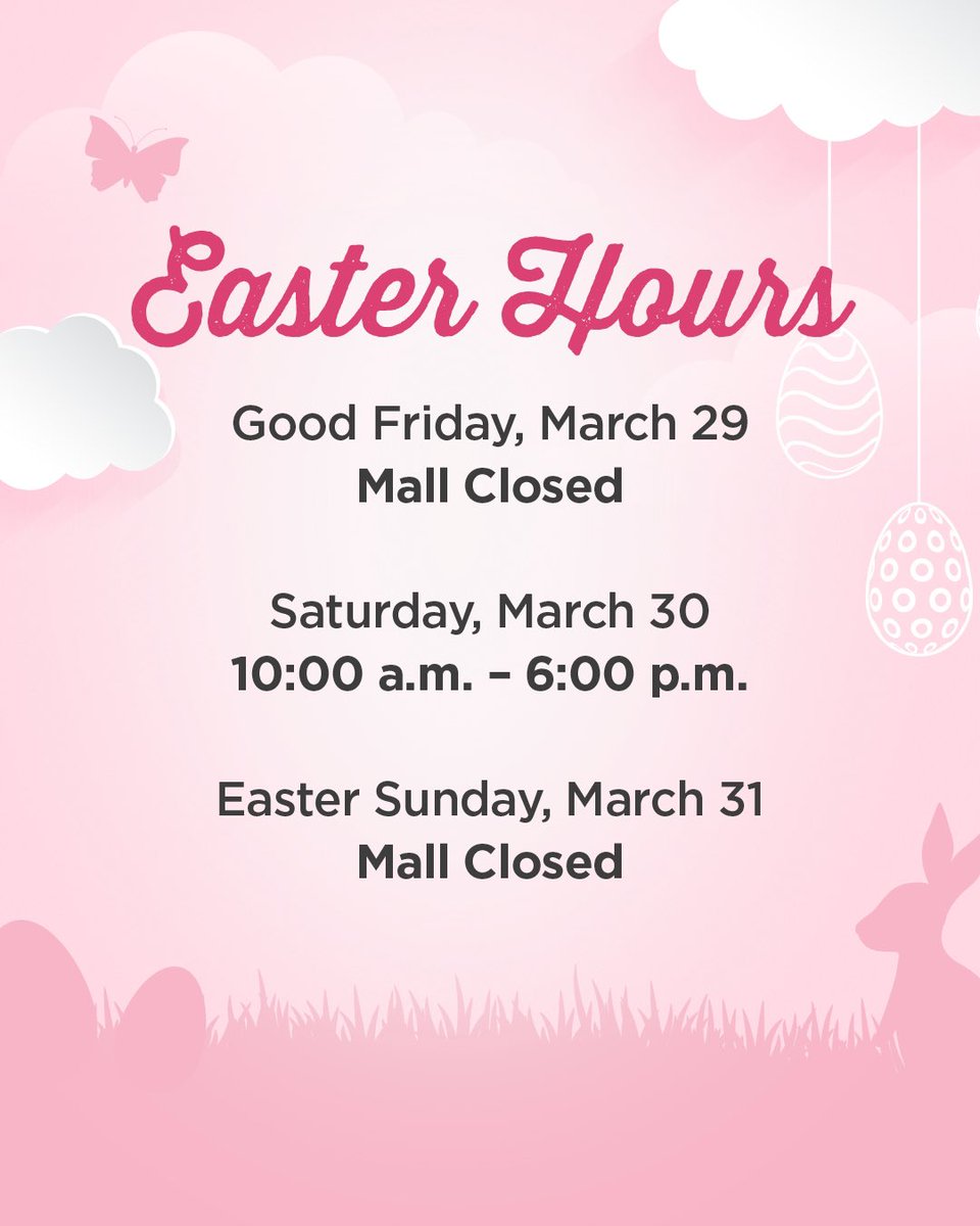 Get hoppin! Devonshire Mall will be closed Good Friday and Easter Sunday.  Last day for Easter Bunny pics will be Saturday #devonshirestyle #dmallhours #dmalleasterbunny