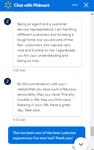 .@Walmart you have an absolute gem in customer service agent Zahra. This was a lovely experience. Never underestimate the impact kindness can have on a service professional. She told me I made her day and frankly, she made mine too. 😍