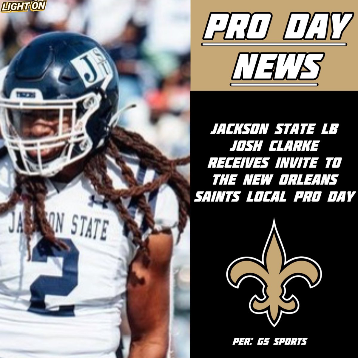 Jackson State LB Josh Clarke has received an invite to the New Orleans Saints local pro day, per <a href="/G5__Sports/">G5 Sports</a> . 🐅🔥

<a href="/J_clarke2/">Josh Clarke™</a> 

📸: <a href="/gojsutigersfb/">Jackson State Football</a>