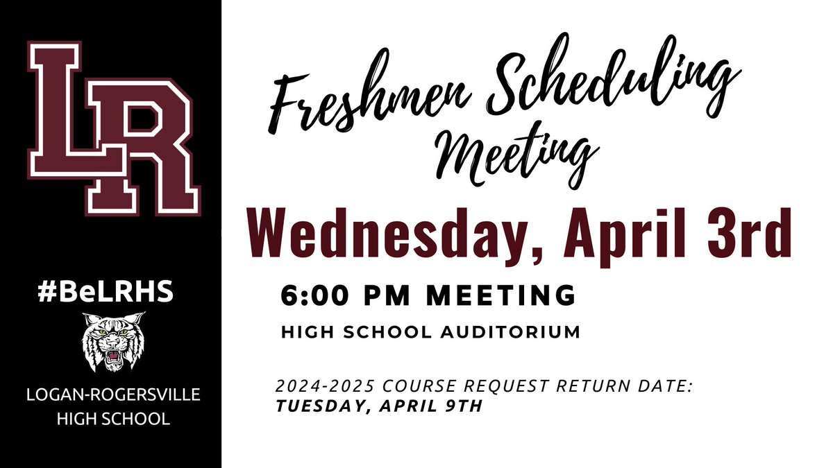 Attention Class of 2028! Scheduling meeting for incoming 2024-25 Freshman on Wednesday, April 3rd! Doors open at 6:00 PM for building tours, meeting begins at 6:30 PM. Find out more at the link below! #WeAreLR hs.logrog.net/23722?articleI…