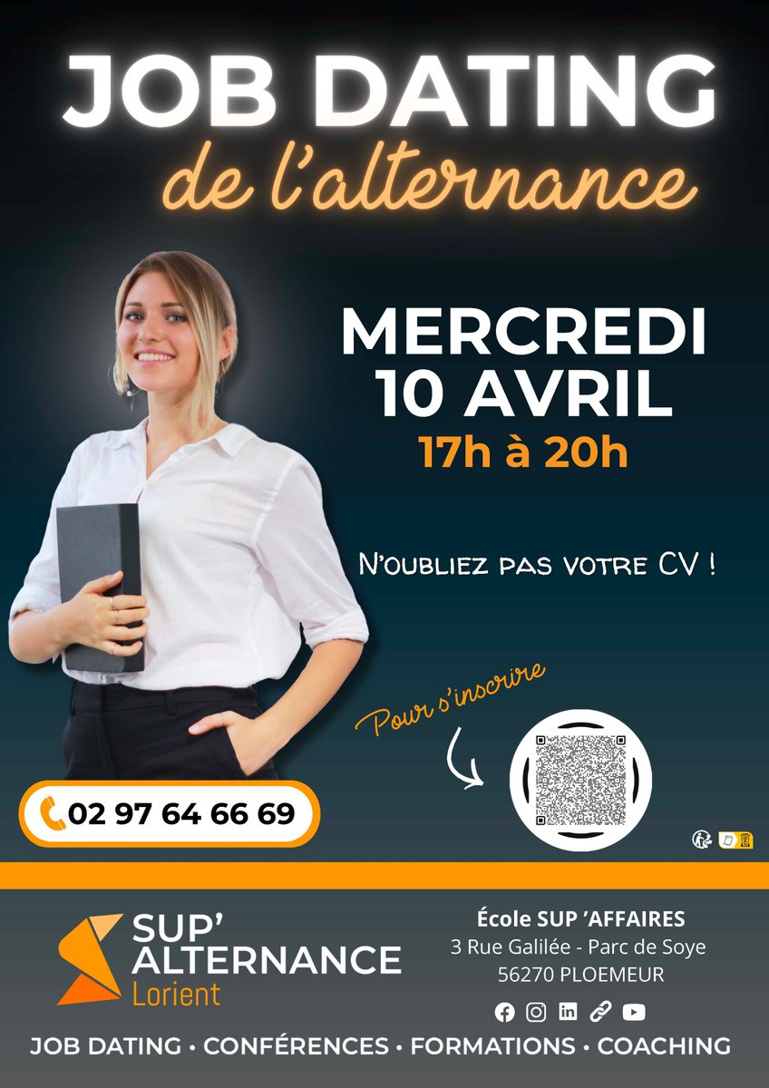 👉Job Dating de l’alternance le 10 avril – Rencontrez les entreprises du pays de Lorient qui recrutent
Sup’Alternance propose un format inédit pour maximiser vos chances de décrocher votre alternance idéale. L’événement se déroulera de 17h à 20h
bit.ly/49dWsAT