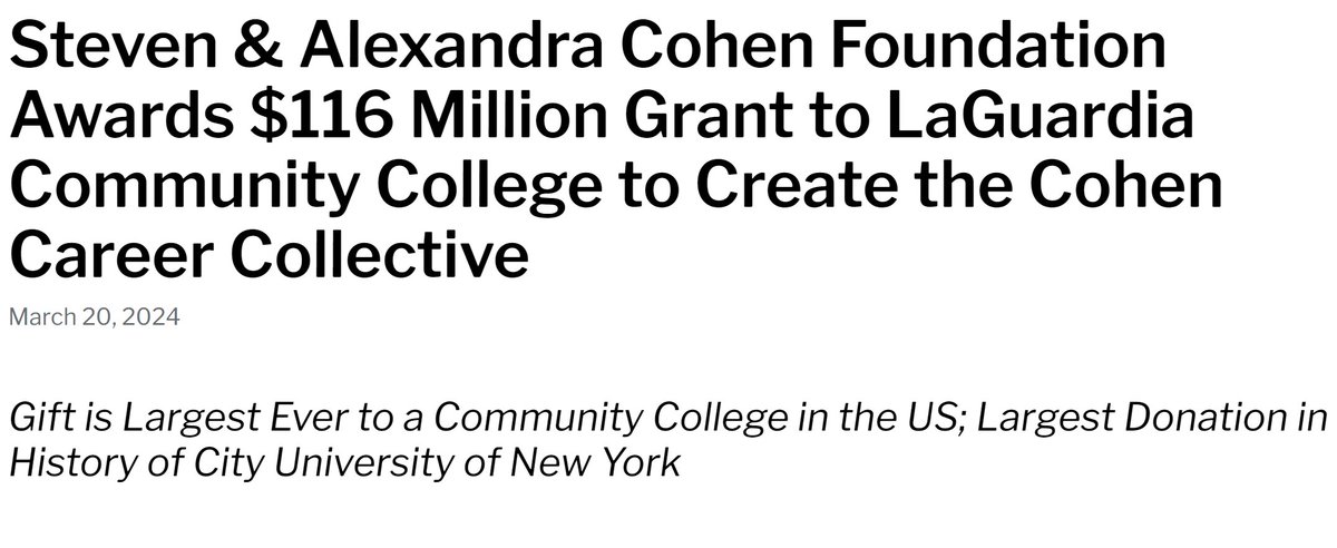 One of the more promising trends in philanthropy is the emergence of 8 and 9 figure donations to low-resourced, higher-ed institutions where most of America's youth are educated. This is the largest gift ever to a community college system. Kudos @StevenACohen2.