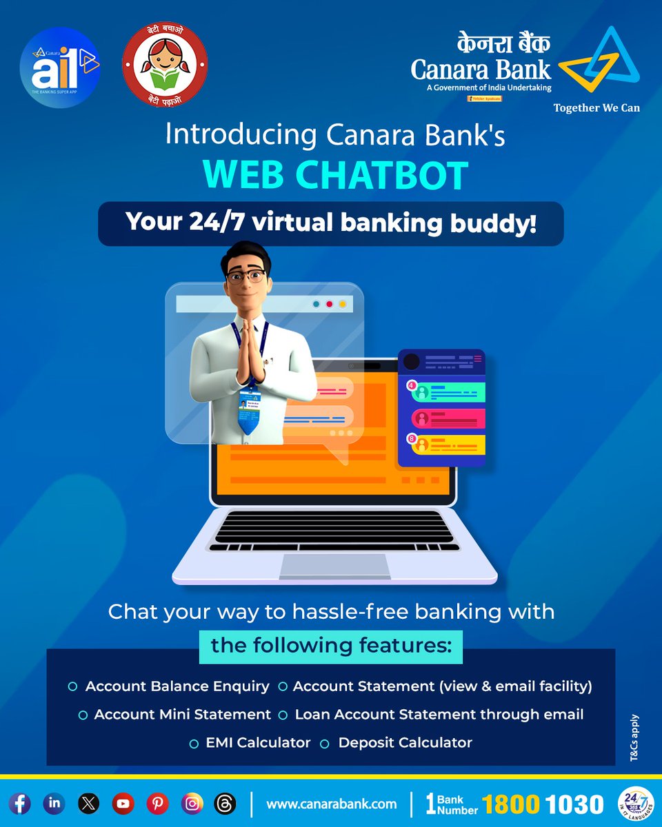 Introducing Canara Bank's Web ChatBot – your 24/7 virtual banking assistant! Enjoy seamless banking with access to features such as account balances, statements, EMI and deposit calculators, and more, all through a user-friendly chat interface.

#CanaraBank #WebChatBot