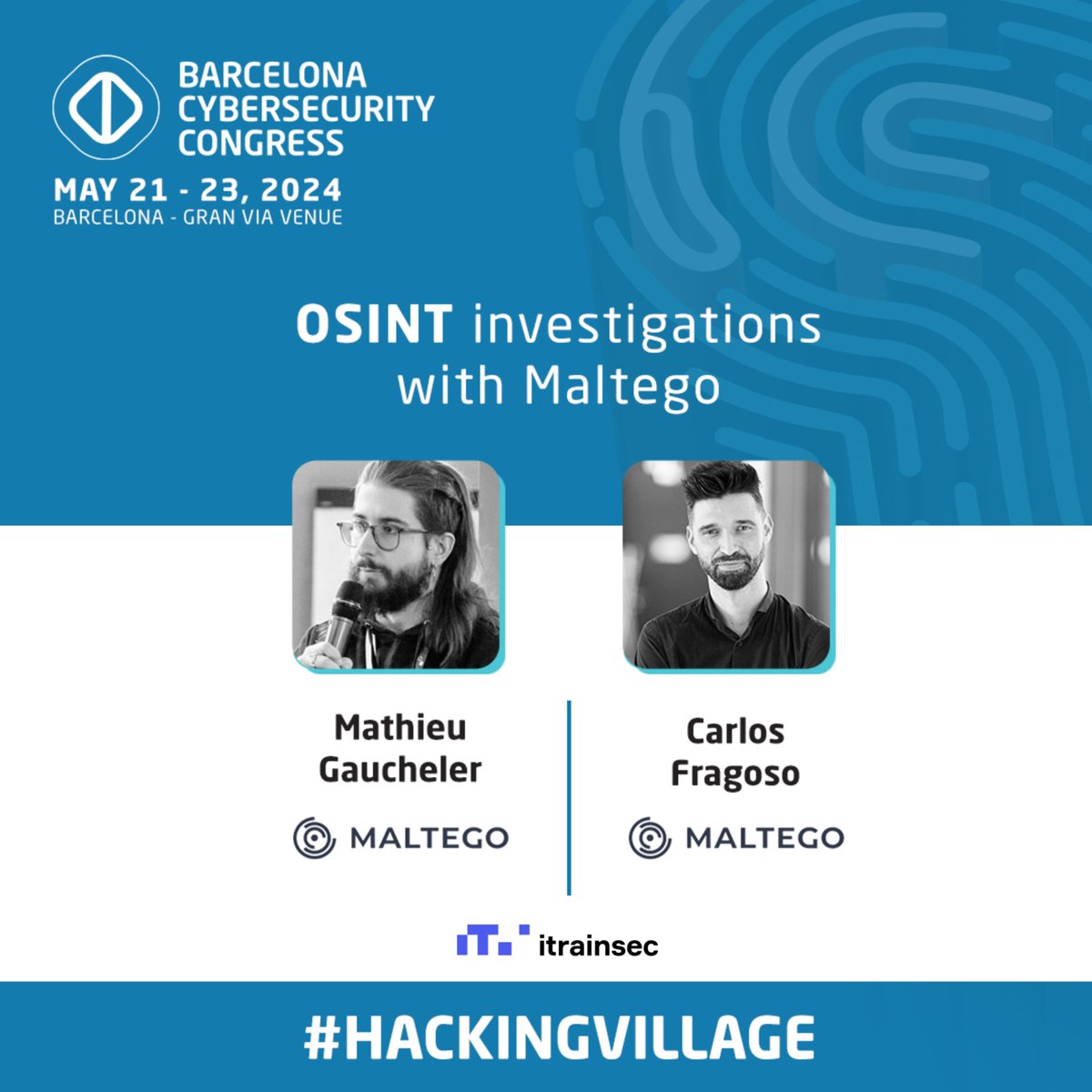 Unlock the potential of #OSINT during our #HackingVillage workshop with @MaltegoHQ experts @CFragoso and @shibasec at @BcnCyberCon. You are also welcome to join these guys at the @BarcelonaBsides expanded 3+ hour #workshop. Tickets are still available! #BCC24 #bsides