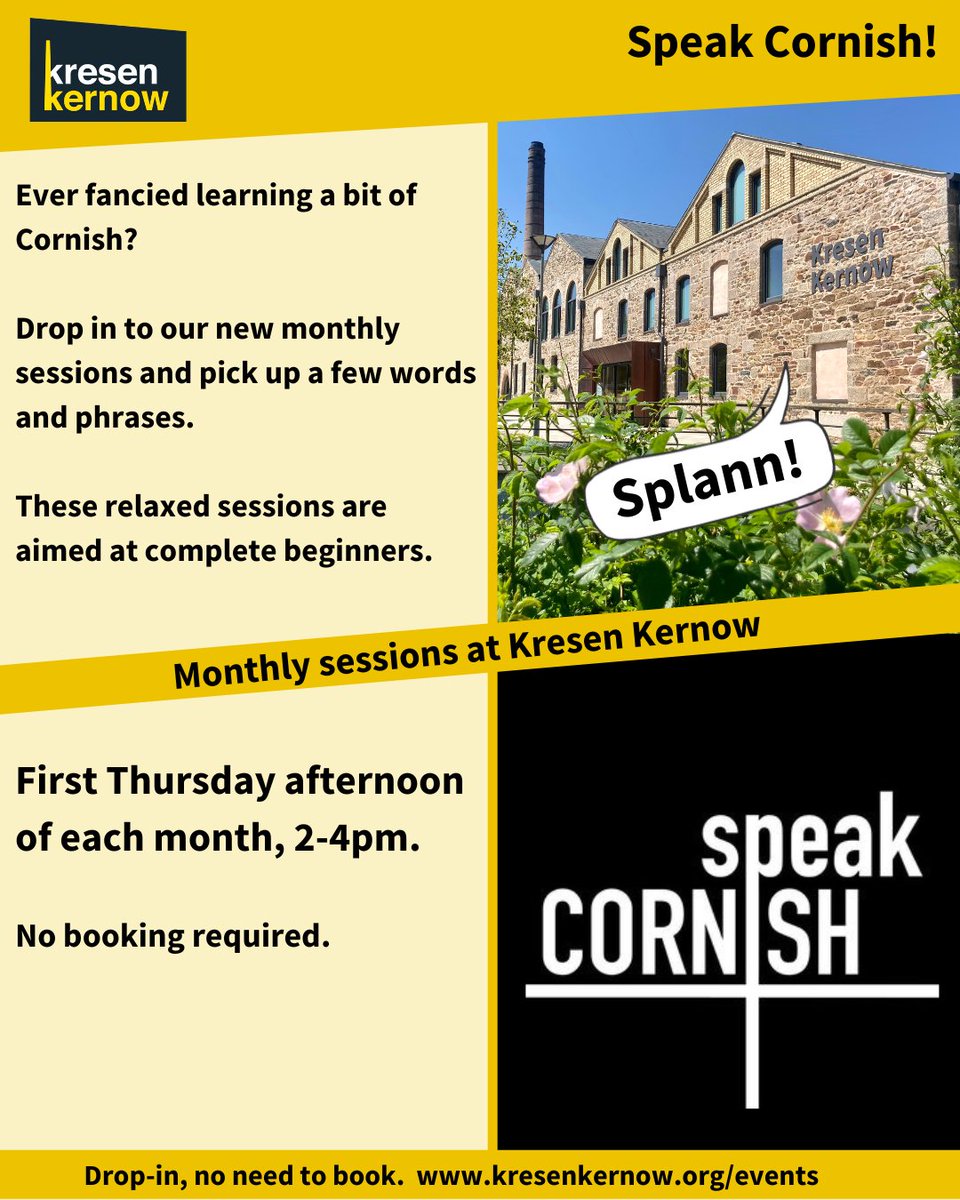 kresenkernow's tweet image. Ever fancied learning some Cornish? 🗣

Continuing on the first Thurs of each month, 2-4 (next session 4 Apr), it’s a relaxed session aimed at complete beginners who just want to learn a bit of Cornish.

No booking required. Splann!

#speakcornish #learnanewlanguage #learncornish