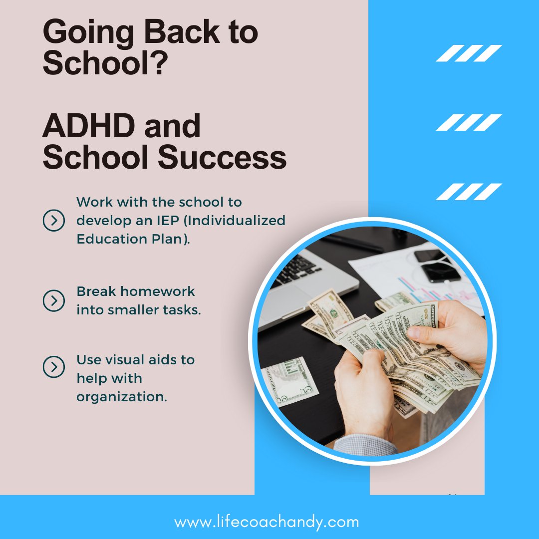 🎒📚 Going back to school? Here's how ADHD students can boost success: work on an IEP, break tasks, use visual aids. Let's conquer the school year together! 🌟🚀 

#ADHDandSchool #EducationSuccess #adhdlifecoach