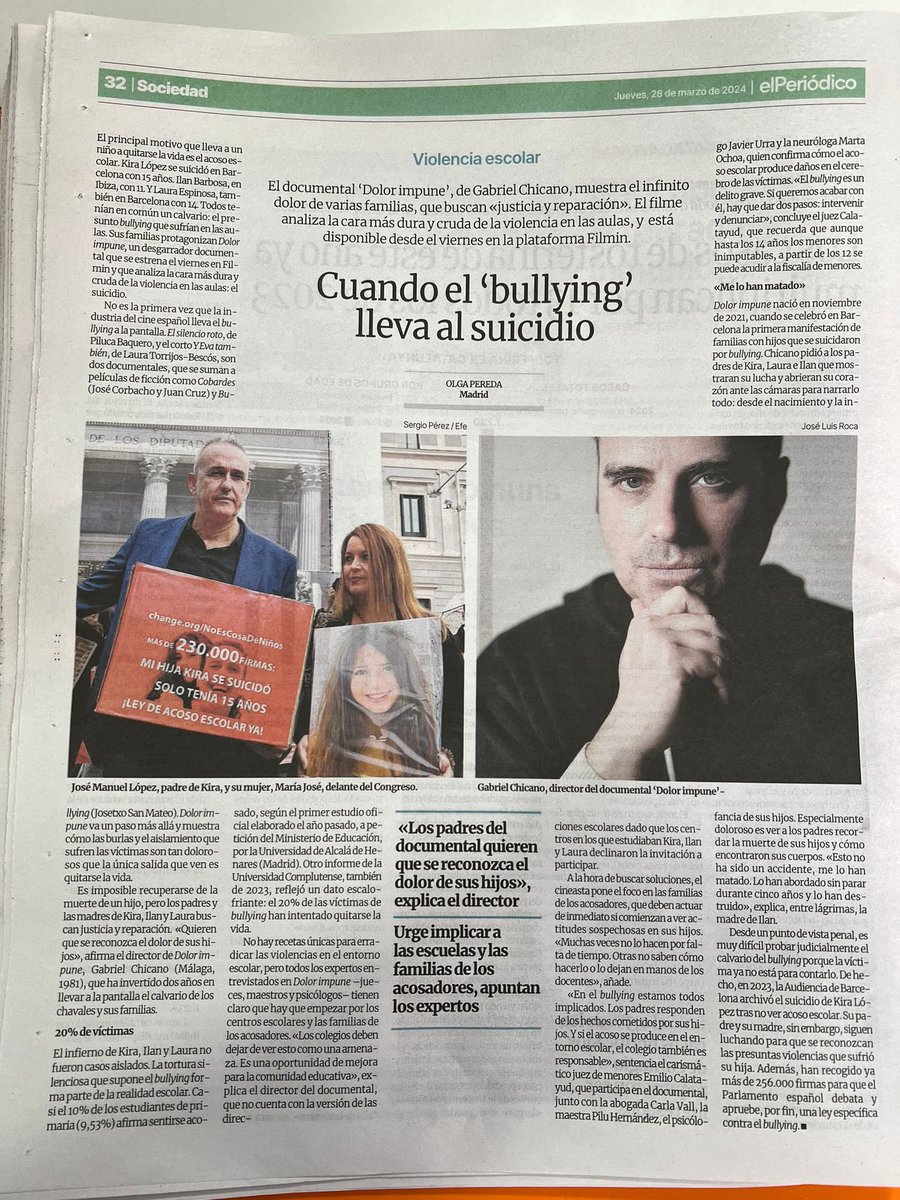 JMporKiraLopez's tweet image. Cuando el "bullying" lleva al suicidio... este es el artículo que ha escrito @OlgaPereda para @elperiodico sobre Dolor Impune, el documental que cuenta las historias de Kira, Ilán, Laura y Óscar y en el que profesionales de la jurisprudencia, la psicología y la medicina…