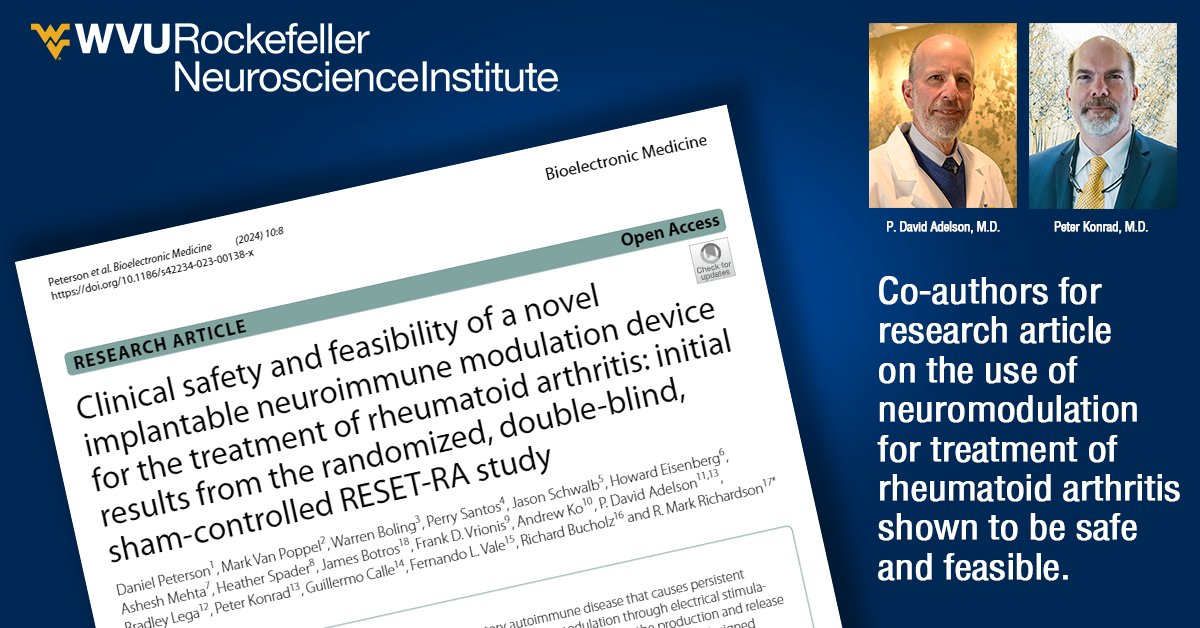 Congratulations to Dr. P. David Adelson and Dr. Peter Konrad as they co-authored a recent research article on the use of #neuromodulation for treatment of #rheumatoidarthritis shown to be safe and feasible with promising preliminary results. Read it here: rdcu.be/dBb1k