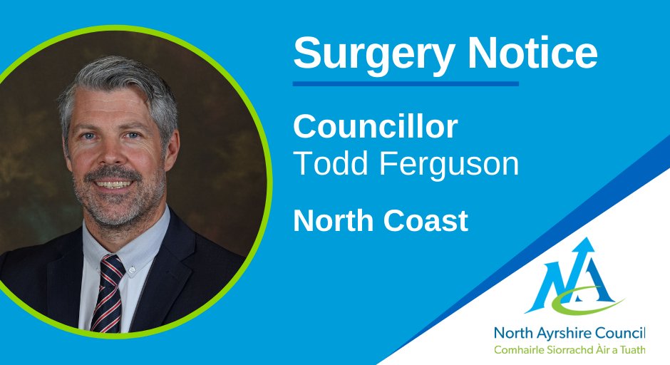 Councillor Todd Ferguson will hold his Surgeries on Monday in Fairlie Village Hall between 5.00pm and 5.45pm and then in Skelmorlie Community Centre between 6.00pm and 6.45pm