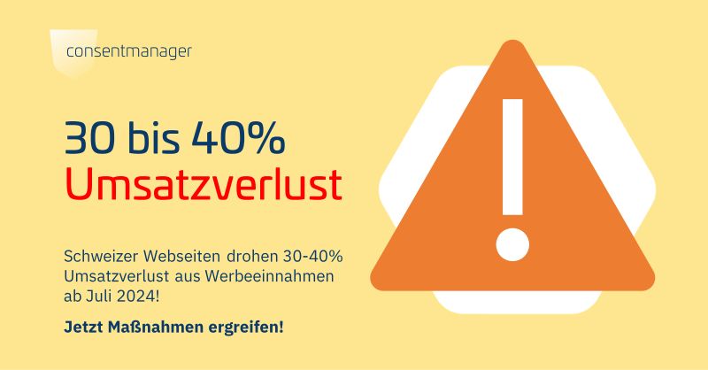 📢 Achtung: Umsatzverlust droht für Schweizer Webseiten!

Für Onlinewerbung werden die Regeln ab Juli verschärft, das kann zu deutlichen Umsatzrückgang bei Werbeeinnahmen führen. Publisher sollten jetzt handeln und Maßnahmen vorbereiten.
Sendet eine Direktnachricht für mehr Infos