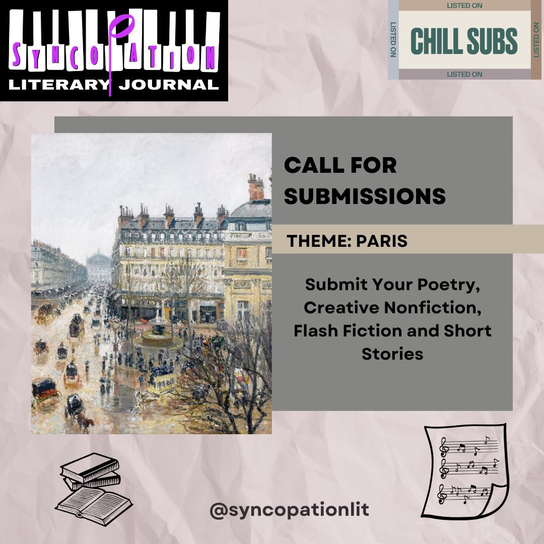 Submissions will close on April 16th! Send us your writing now! For full submission details, please click the link below: …copationliteraryjournal.wordpress.com/call-for-submi… #WritingCommunity #writersoftwitter #writerslift #music #Paris #Paris2024