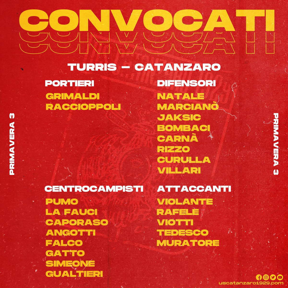 USCatanzaro1929's tweet image. ⚽️ | PRE-MATCH PRIMAVERA 3

Domani a Torre del Greco per sfidare la Turris 💪
Squad list 👇

Zito 🗣: “Siamo pronti per una nuova sfida. Da qui al termine saranno tutte finali”.

Le parole del mister 🔗 tinyurl.com/6dfy2vzr

#Primavera3 #AvantiAquile 🟡🔴
