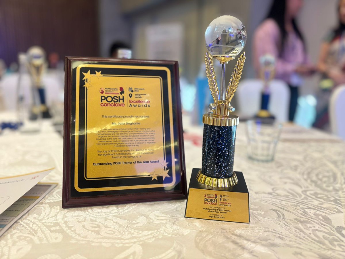 JSA_2009's tweet photo. Thrilled to share I've been awarded Outstanding POSH Law Trainer at POSH Conclave II. It's humbling to be recognized for promoting safe workplaces. 

#POSHConclaveII #WorkplaceSafety #Inclusion #AwardWinner #POSHLawTrainer #nomeansno #poshconclave #poshawards #totalposhcompliance https://t.co/eB0WcZyi55
