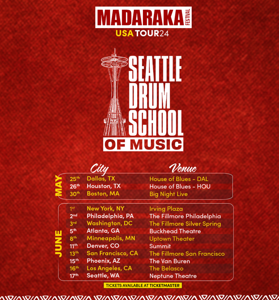 Get ready to feel the beat! We're stoked to have Seattle Drum School of Music on board for the Madaraka Festival 2024 USA tour. Want those tickets? Hit up Ticketmaster and sign up! #MadarakaFestival2024 #SeattleDrumSchool #Ticketmaster