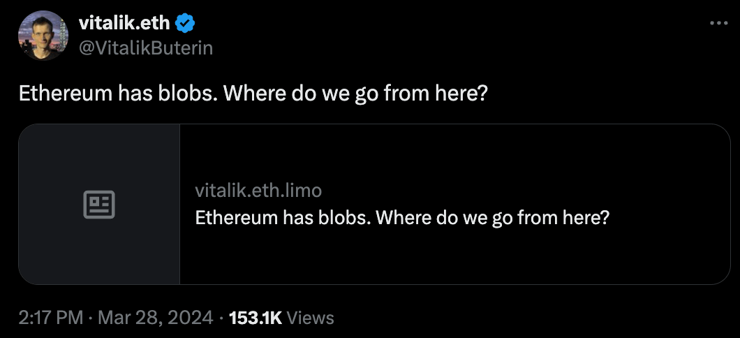 DefiIgnas's tweet photo. Vitalik's timely post: What's next for Ethereum?

After the switch to proof of stake, and launch of blobs, Ethereum development is on decelerating path.

The first ten years of Ethereum have largely been a training stage: now Ethereum's ready to move beyond the enthusiast circle.

We have everything we need, Vitalik claims.

Txs cost below $0.05 and "today, we have all the tools we'll need [...] to build applications that are simultaneously cypherpunk and user-friendly."

So, the era of 2010s Ethereum is behind and 2020s Ethereum requires to:

• Built directly on L2s, not the L1
• Protect privacy by default vs publicity of Eth mainnet
• Anti-sybil should include centralized solutions (eg. SMS)
• Move to account abstraction wallets
• Prove your participation beyond balance of your ETH holdings

"Basically, Ethereum is no longer just a financial ecosystem."

Yet, L2s get a share of criticism:

L2s are far from being protected by code. Only five reached Stage 1 decentralization.

"The ecosystem's standards need to become stricter: so far, we have been lenient and accepted any project as long as it claims to be "on a path to decentralization".

By the end of the year, I think our standards should increase and we should only treat a project as a rollup if it has actually reached at least stage 1."

Overall, Ethereum scaling roadmap is not finished, but work will be more in-the-background.

Devs should start building tools for millions of people to use.

And our mindsets have to readjust accordingly.