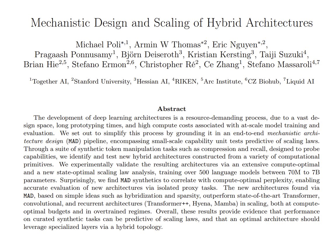 MichaelPoli6's tweet image. 📢New research on mechanistic architecture design and scaling laws.

- We perform the largest scaling laws analysis (500+ models, up to 7B) of beyond Transformer architectures to date

- For the first time, we show that architecture performance on a set of isolated token…