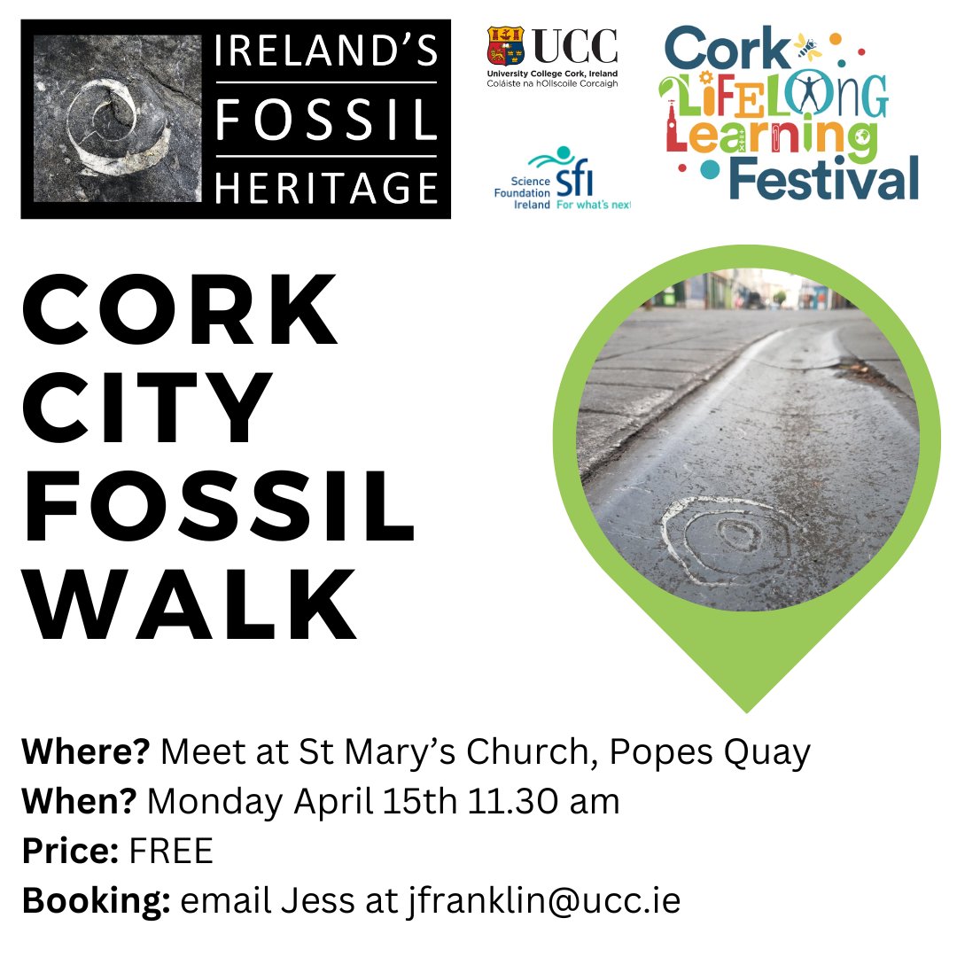 We are hosting a public walk in Cork on Mon April 15th at 11.30am @corklearning We'll visit amazing fossils visible in the building stones of the city, places that we walk by every day! Details below #corkloveslearning #corklearningfest2024 @SEFSUCC @MariaMcN_palaeo @scienceirel