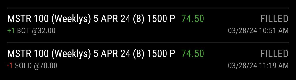 We are traders. Of course we don't care if the stock falls or goes up. $MSTR Put side today. 3800$ profit in 30 min.