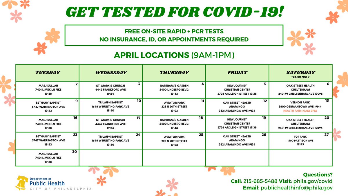 Looking for free COVID testing? Testing is available at our mobile testing trucks Tuesday - Saturday from 9:00 a.m. - 1:00 p.m.! Check out the calendar for locations. (1/2)