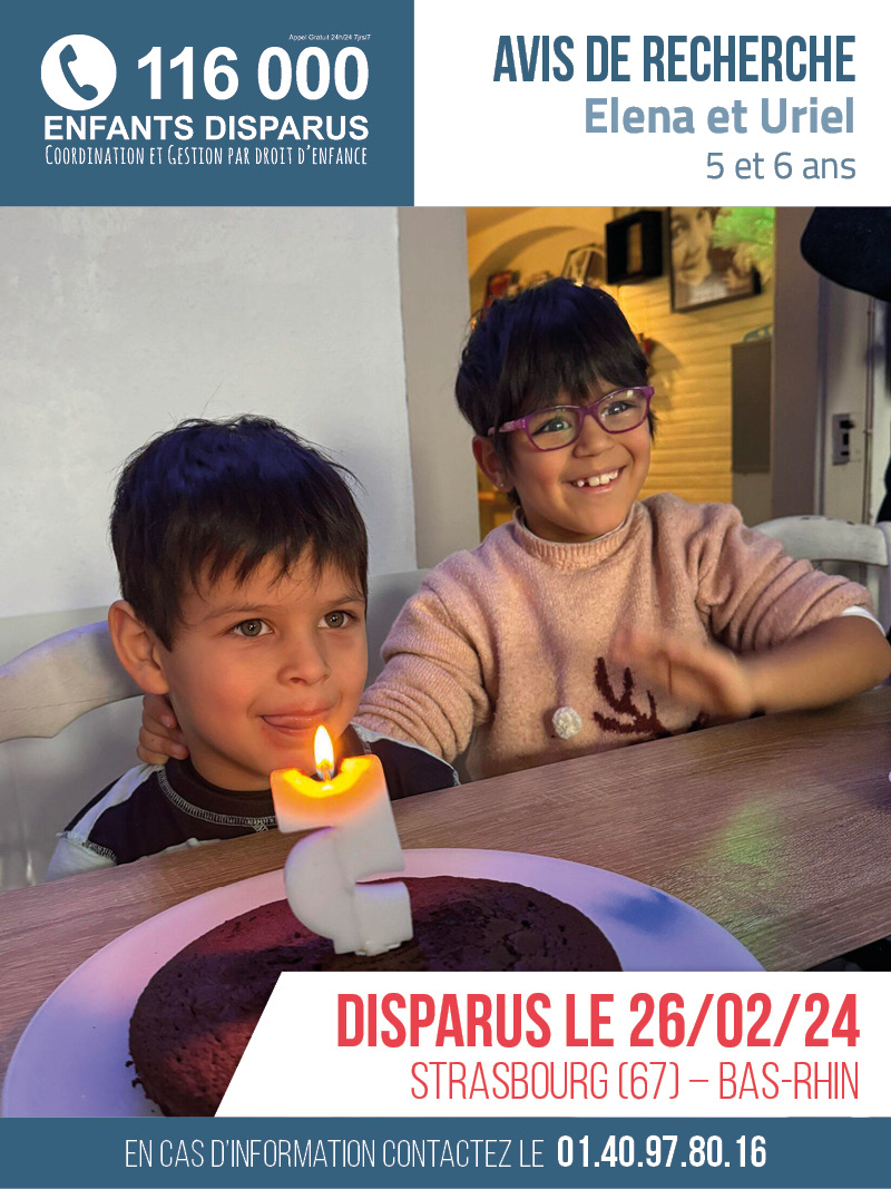 🆘 AVIS DE RECHERCHE 🆘
Elena et Uriel, âgés de 5 et 6 ans, ont disparus depuis le 26/02/2024 vers Strasbourg (67) – Bas-Rhin.
Pourraient se trouver en Amérique du Sud
#EnfantDisparu #RetrouvonsLes